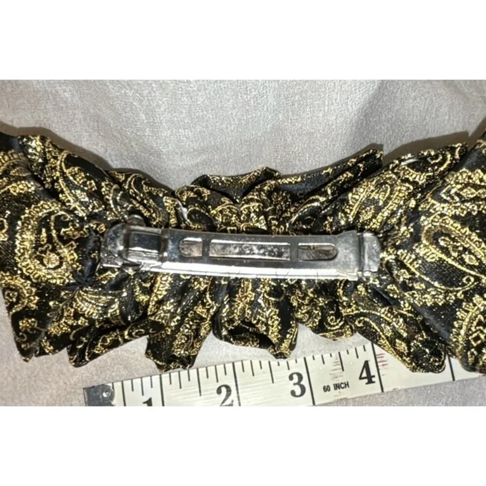 Vintage 60s‎ Big Silky Look Hair Bow Barrette Clip Ribbon Black Gold Print 7”